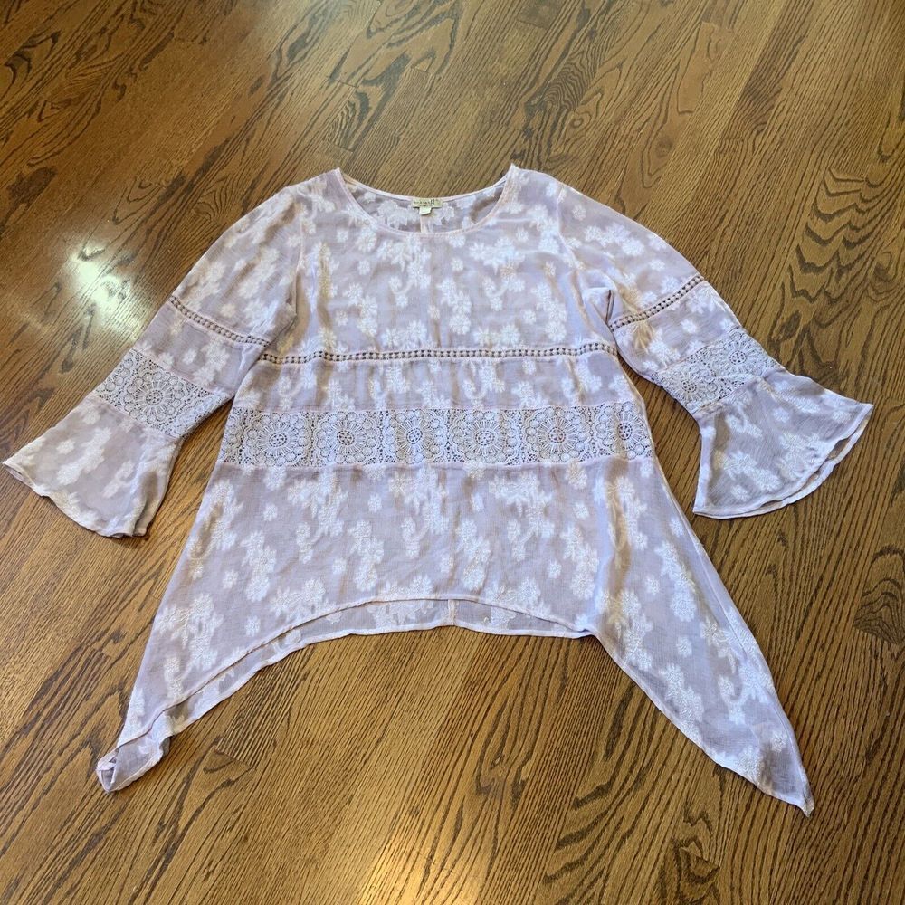 One World Top XL Tunic Bell Sleeve Sheer Eyelet Fairy Lagenlook Whimsigoth Witch
